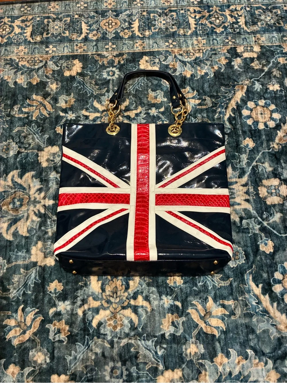 twiggy LONDON Navy, Red & White Union Jack Patent Tote with Gold Hardware